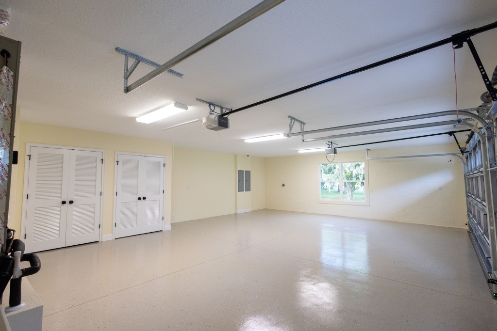 Finished garage with two storage closets 