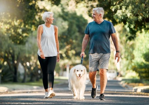 Two people walk their dog in a  local park. 