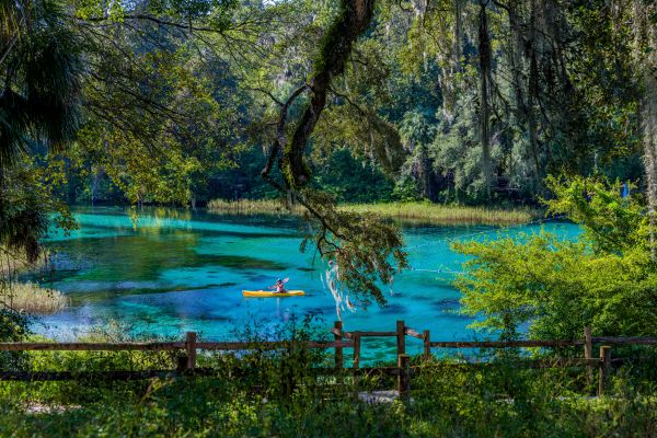 Person kayaks at Rainbow Springs in Marion County, Florida. 