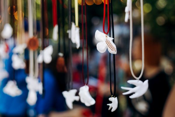 Jewelry available from a local artist at a town craft fair. 